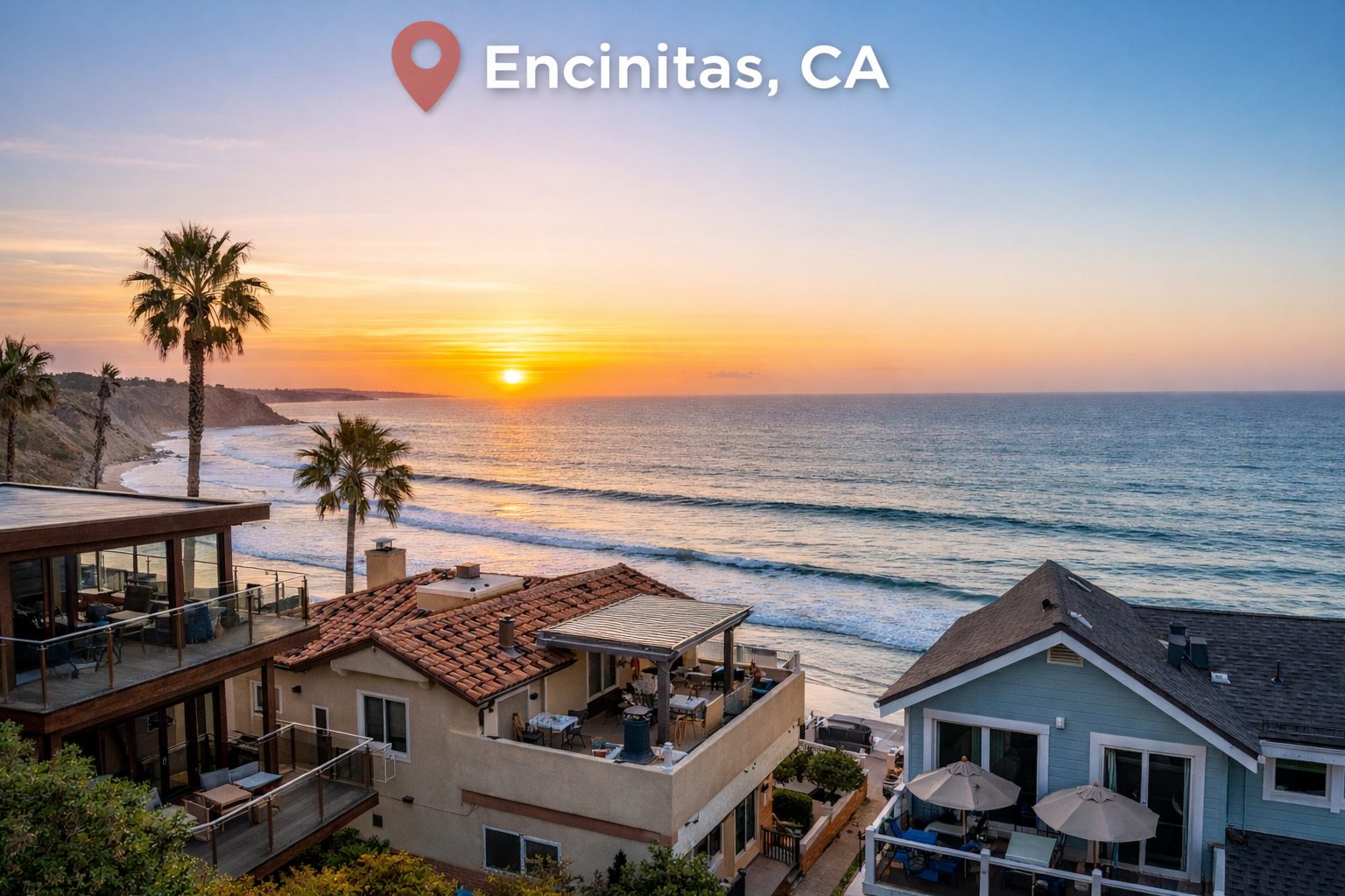 Beachfront homes in Encinitas, CA at sunset