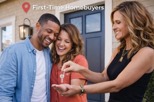 Karen Pietsch, REALTOR®, handing keys to first-time homebuyers in front of their new home