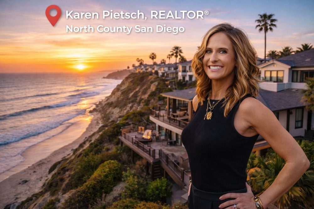 Karen Pietsch, REALTOR® in North County San Diego standing by the ocean bluff in Carlsbad, CA