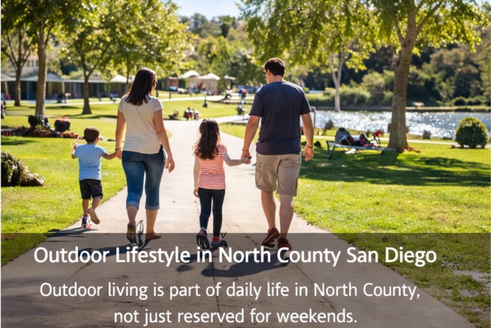 People walking and enjoying outdoor spaces in North County San Diego under sunny skies