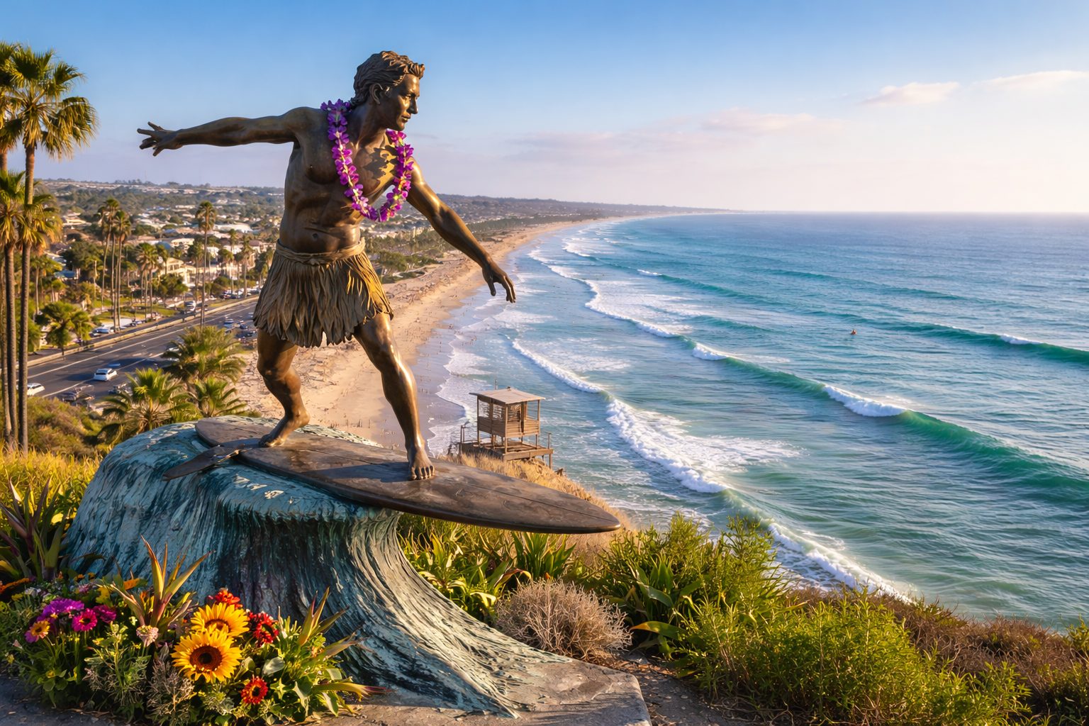 Cardiff Kook surfer statue overlooking the North County San Diego coastline featured by Karen Pietsch Real Estate