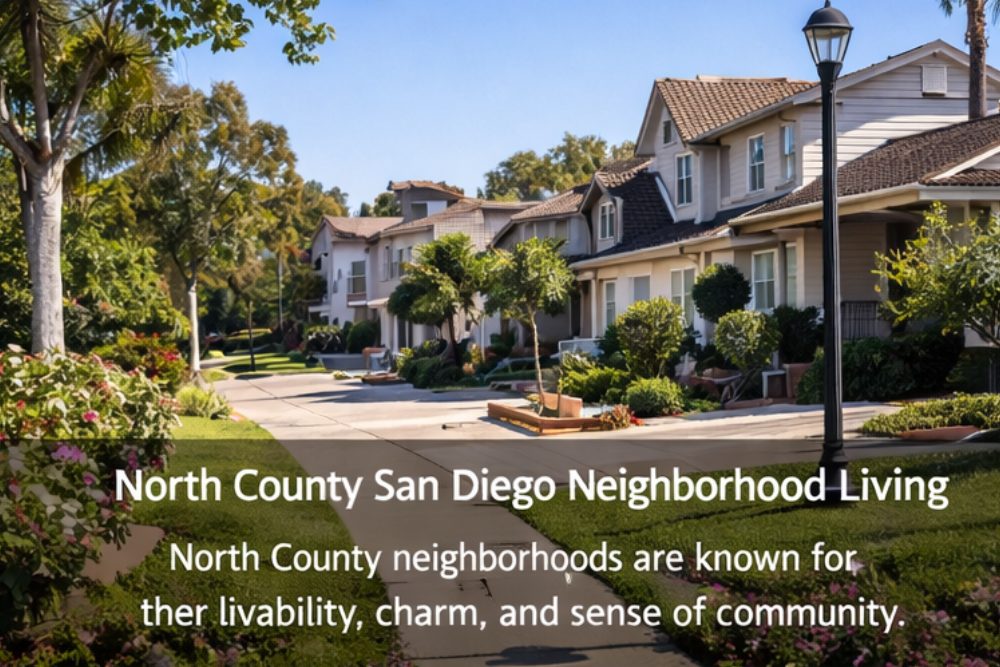 Quiet residential street in North County San Diego with well-maintained homes and greenery