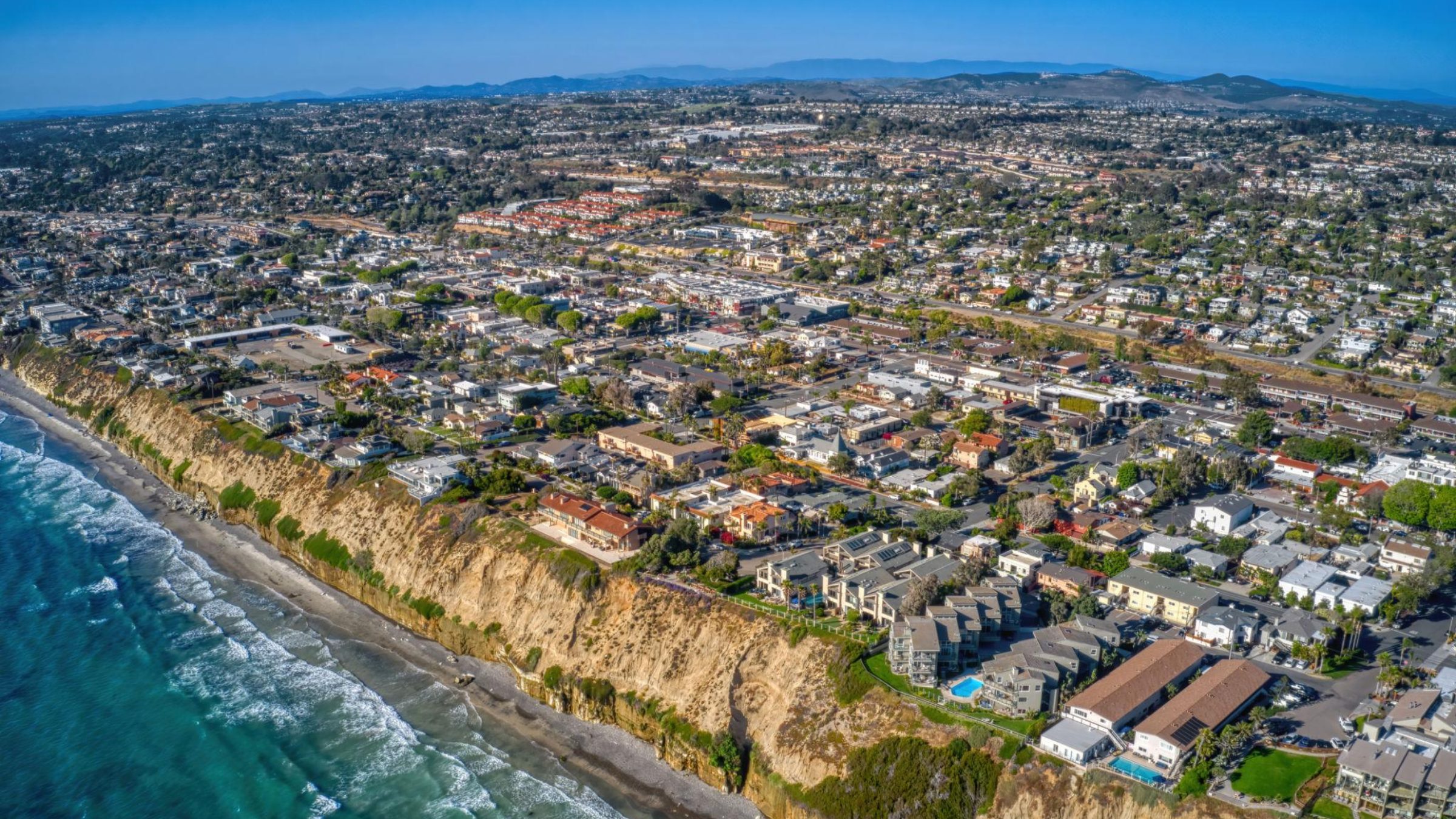 Aerial view of beach homes in Encinitas North County San Diego